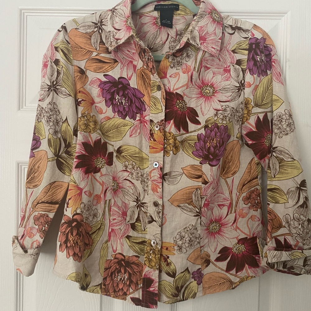 Linen Button Down Blouse Women 6 Floral Blouse Cottagecore‎ Coastal